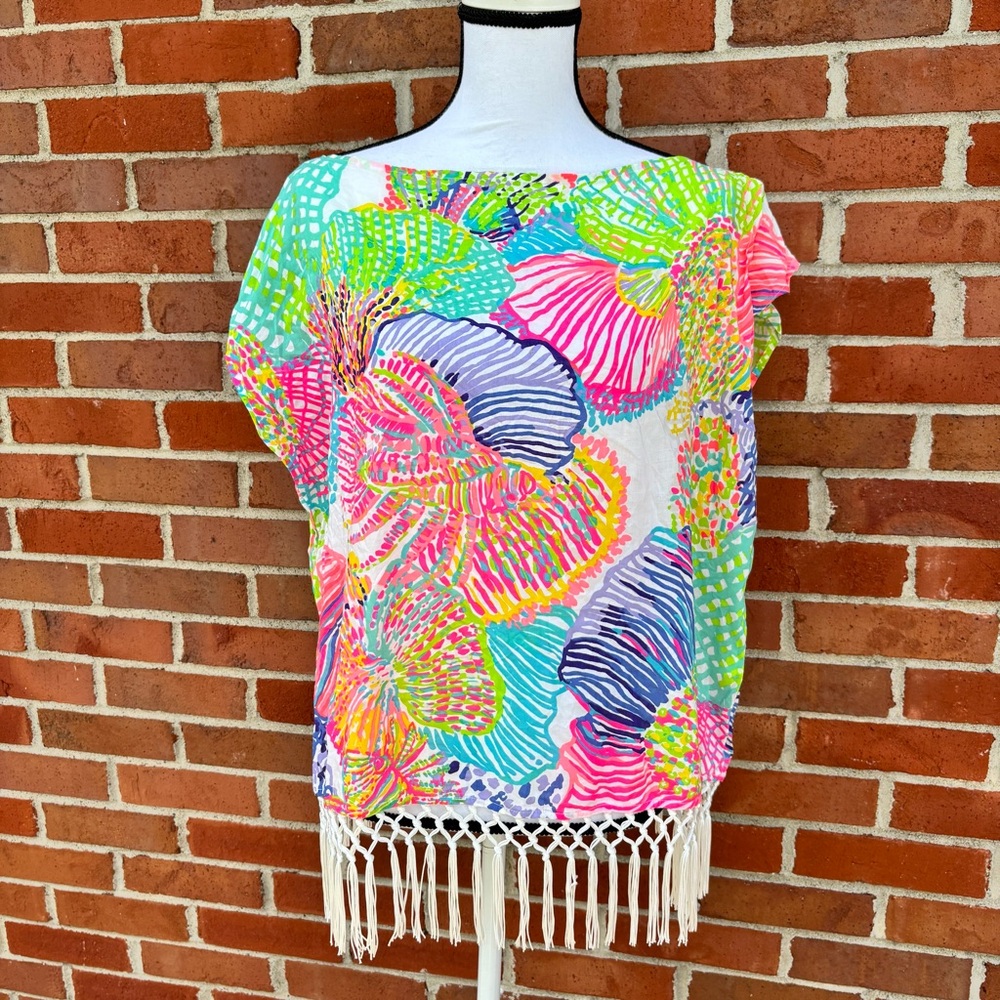 Lilly Pulitzer "Jasmine" Multicolor Roar of the Seas Caftan With Fringe Hem XS/S